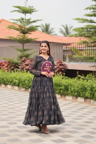 Designer Black Anarkali Gown with Bandhani Print and Real Mirror Work Garba Look Navratri Collection