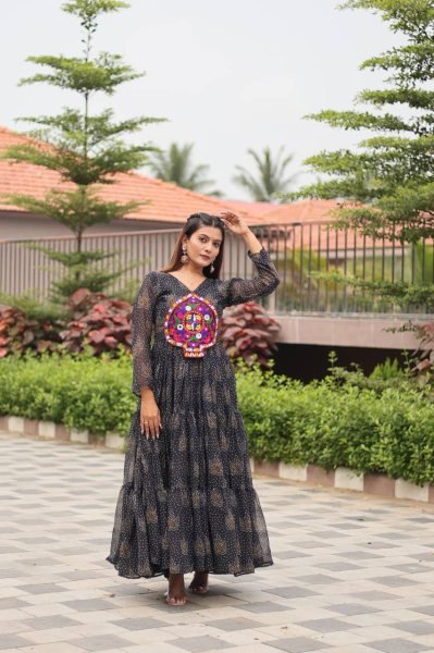 Designer Black Anarkali Gown with Bandhani Print and Real Mirror Work Garba Look Navratri Collection