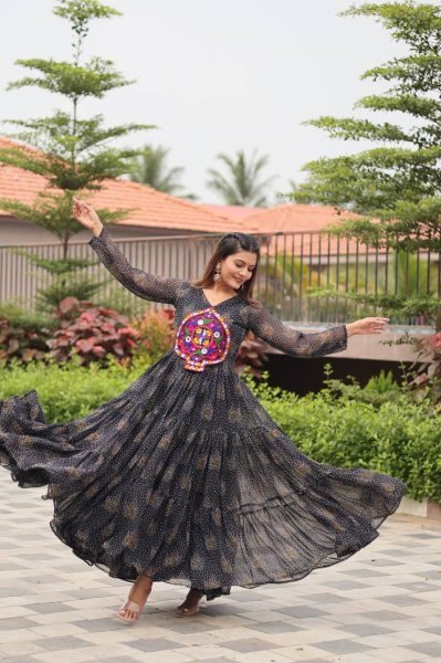 Designer Black Anarkali Gown with Bandhani Print and Real Mirror Work Garba Look Navratri Collection