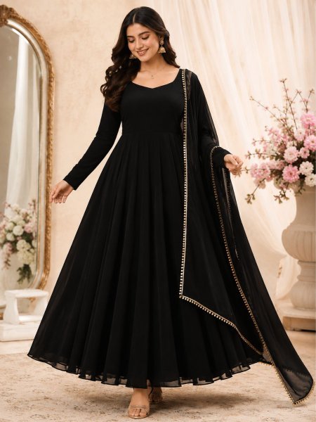 Designer Black Anarkali Suit with Pant and Dupatta Set Ready To Wear Suit
