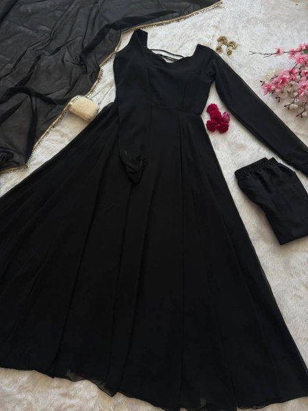 Designer Black Anarkali Suit with Pant and Dupatta Set Ready To Wear Collection