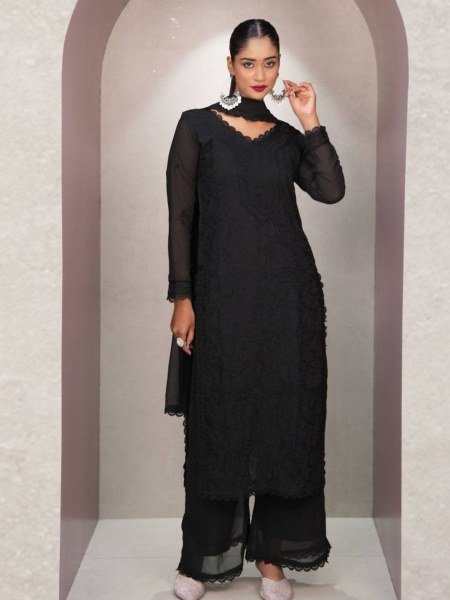 Designer Black Chikankari Embroidery 3 Piece Fox Georgette Kurti Perfect for Party Wear  