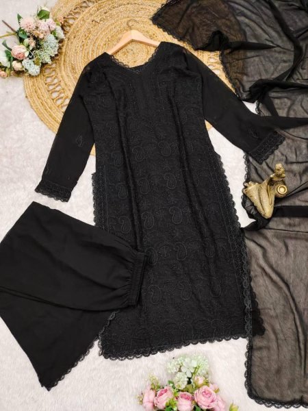 Designer Black Chikankari Embroidery 3 Piece Fox Georgette Kurti Perfect for Party Wear  Lucknowi Chikankari Kurtis Wholesale