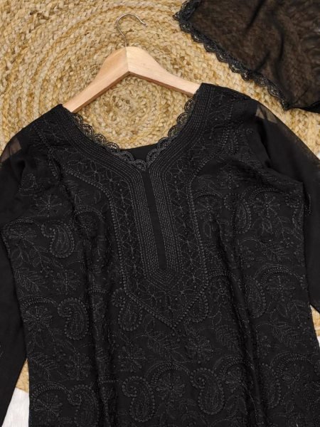 Designer Black Chikankari Embroidery 3 Piece Fox Georgette Kurti Perfect for Party Wear  Lucknowi Chikankari Kurtis Wholesale