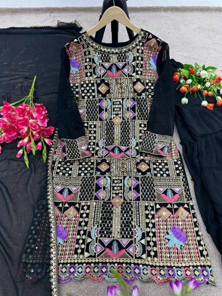 Designer Black Color Top Palazzo And Dupatta With Heavy Embroidery Sequence And Mirror Work Ready To Wear Collection