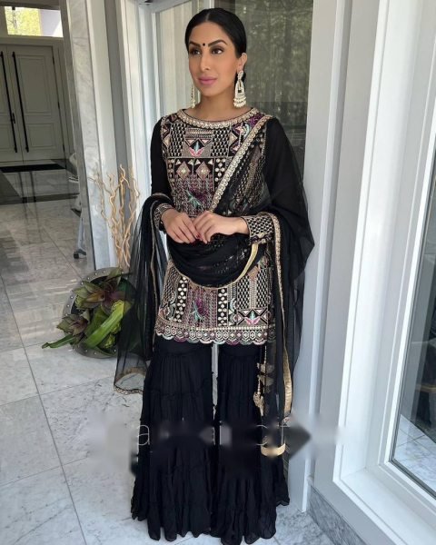 Designer Black Color Top Palazzo And Dupatta With Heavy Embroidery Sequence And Mirror Work Ready To Wear Collection