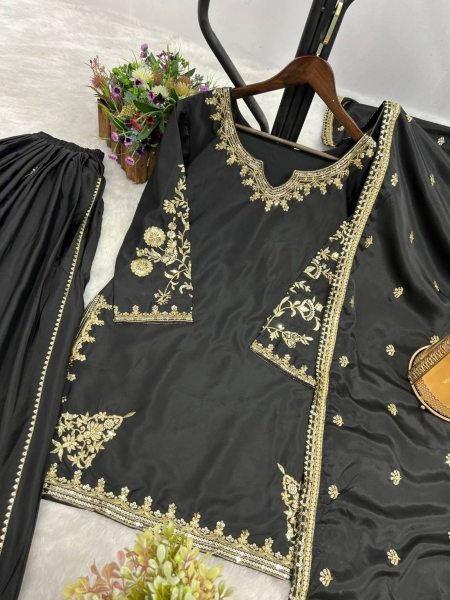 Designer Black Crepe Suit with Sequin Dupatta Evening Wear 