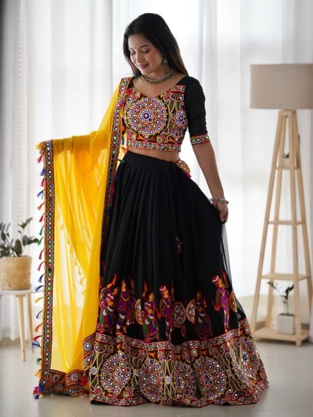 Designer Black Faux Georgette Lehenga Choli with Original Mirror Work For Navarati Special  Lehenga
