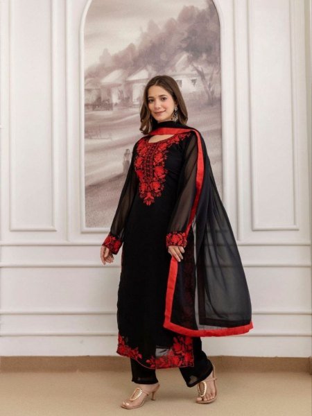 Designer Black Georgette Kurti Pant Georgette Dupatta Set Ready-to-Wear Ethnic Wear for Women Kurtis