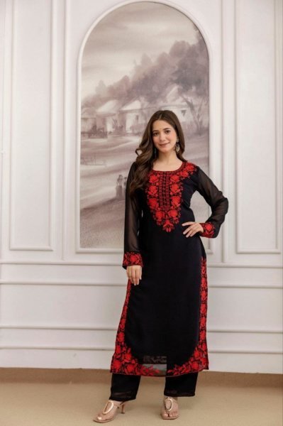 Designer Black Georgette Kurti Pant Georgette Dupatta Set Ready-to-Wear Ethnic Wear for Women Embroidery Kurtis 