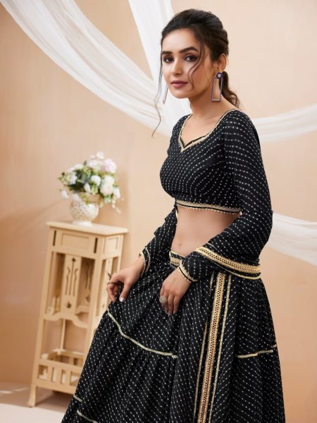 Designer Black Georgette Lehenga- Blooming Leheriya Print with Gota Lace Work Ethnic Wear for Resellers Designer Lehenga Choli