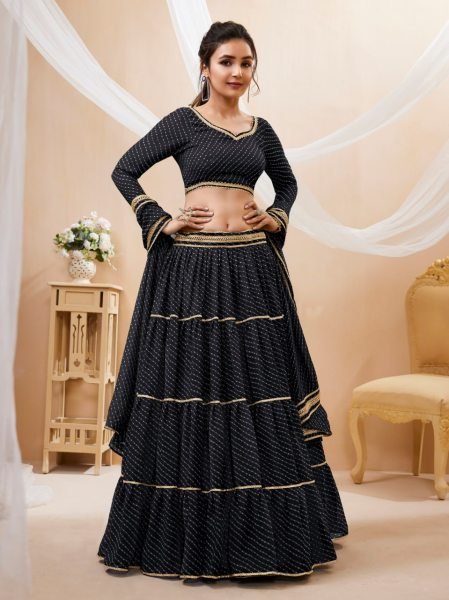 Designer Black Georgette Lehenga- Blooming Leheriya Print with Gota Lace Work Ethnic Wear for Resellers Designer Lehenga Choli