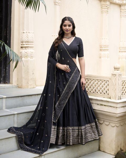 Designer Black Kanchipuram Black Lehenga Choli with Georgette Dupatta Designer Lehenga Choli