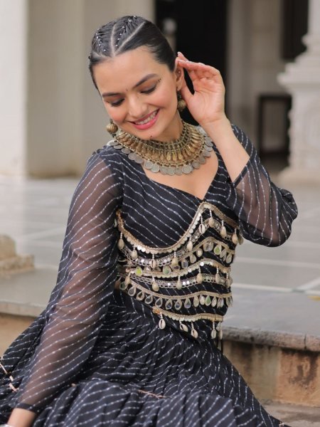 Designer Black Leheriya Lehenga Choli with Heavy Flair and Mirror Work for Garba Nights  Lehenga