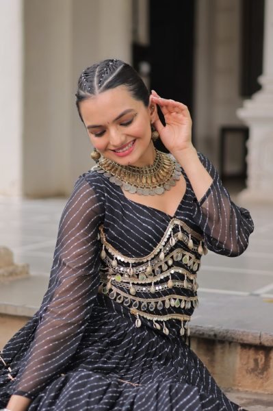Designer Black Leheriya Lehenga Choli with Heavy Flair and Mirror Work for Garba Nights Navratri Lehnega Choli