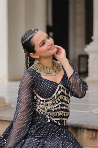 Designer Black Leheriya Lehenga Choli with Heavy Flair and Mirror Work for Garba Nights Navratri Lehnega Choli