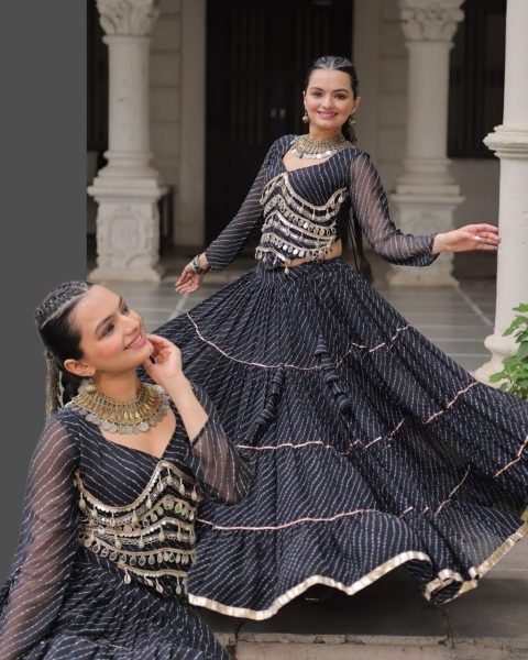 Designer Black Leheriya Lehenga Choli with Heavy Flair and Mirror Work for Garba Nights Navratri Lehnega Choli