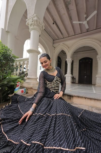 Designer Black Leheriya Lehenga Choli with Heavy Flair and Mirror Work for Garba Nights Navratri Lehnega Choli