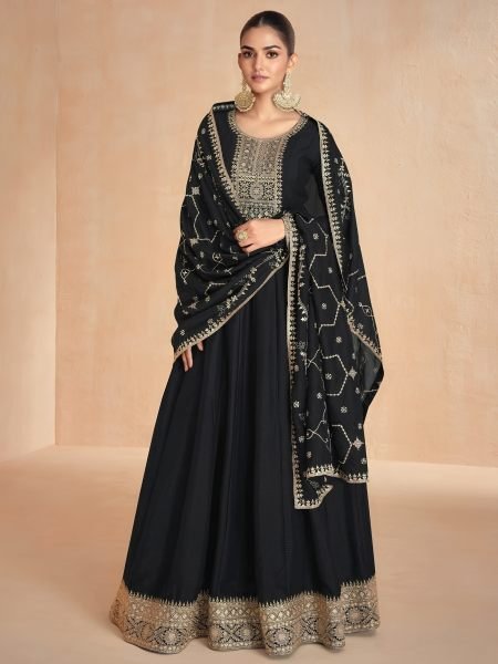 Designer Black Premium Silk Anarkali Gown with Zari Sequin Embroidery at wholesale Rate 