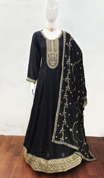 Designer Black Premium Silk Anarkali Gown with Zari Sequin Embroidery at wholesale Rate Anarakali Gown Wholesale