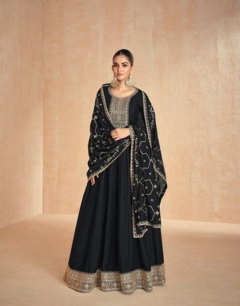 Designer Black Premium Silk Anarkali Gown with Zari Sequin Embroidery at wholesale Rate Anarakali Gown Wholesale