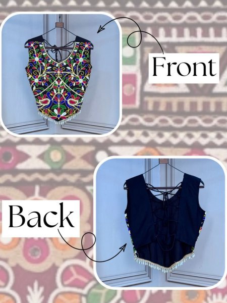 Designer Black Rayon Kutchi Work Sleeveless Designer Blouse Sarees 