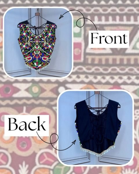 Designer Black Rayon Kutchi Work Sleeveless Designer Blouse Navratri Lehnega Choli