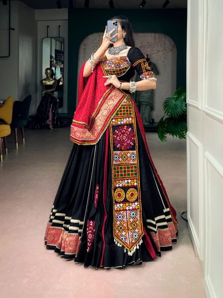 Designer Black Rayon Lehenga with Gujarati Kutchi Patchwork For Navrati  Lehenga