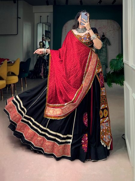 Designer Black Rayon Lehenga with Gujarati Kutchi Patchwork For Navrati Navratri Lehnega Choli