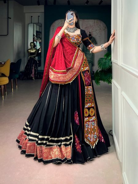 Designer Black Rayon Lehenga with Gujarati Kutchi Patchwork For Navrati Navratri Lehnega Choli