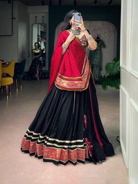 Designer Black Rayon Lehenga with Gujarati Kutchi Patchwork For Navrati Navratri Lehnega Choli