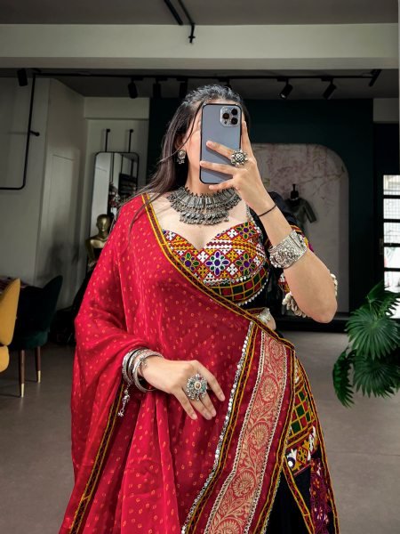 Designer Black Rayon Lehenga with Gujarati Kutchi Patchwork For Navrati Navratri Lehnega Choli