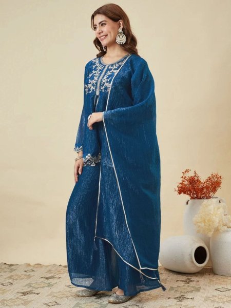 Designer Blue Crunchy Silk Kurti Set with Embroidery Work for Women  Kurtis