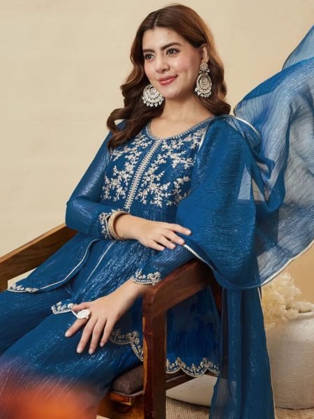 Designer Blue Crunchy Silk Kurti Set with Embroidery Work for Women  Embroidery Kurtis 