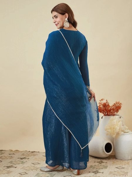Designer Blue Crunchy Silk Kurti Set with Embroidery Work for Women  Embroidery Kurtis 