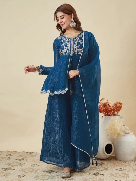 Designer Blue Crunchy Silk Kurti Set with Embroidery Work for Women  Embroidery Kurtis 