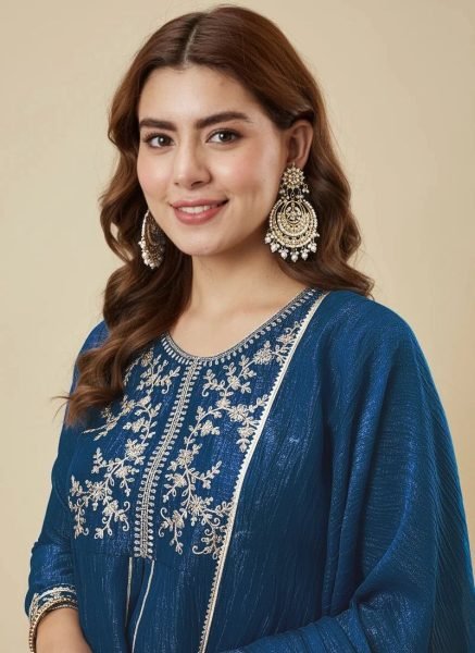 Designer Blue Crunchy Silk Kurti Set with Embroidery Work for Women  Embroidery Kurtis 