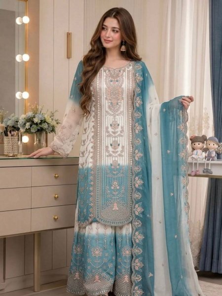 Designer Blue Dual Tone Peding Star Georgette Ethnic Ensemble with Embroidered Dupatta Ready To Wear Suit