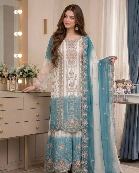 Designer Blue Dual Tone Peding Star Georgette Ethnic Ensemble with Embroidered Dupatta Ready To Wear Collection