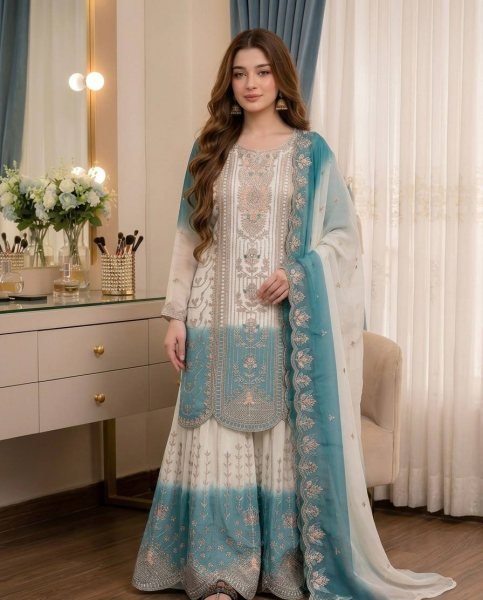 Designer Blue Dual Tone Peding Star Georgette Ethnic Ensemble with Embroidered Dupatta Ready To Wear Collection