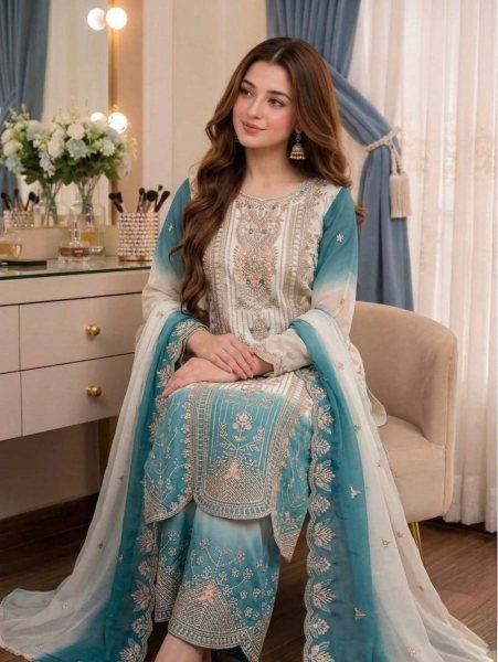 Designer Blue Dual Tone Peding Star Georgette Ethnic Ensemble with Embroidered Dupatta Ready To Wear Collection