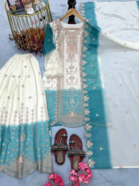 Designer Blue Dual Tone Peding Star Georgette Ethnic Ensemble with Embroidered Dupatta Ready To Wear Collection