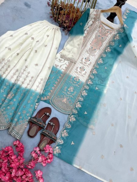 Designer Blue Dual Tone Peding Star Georgette Ethnic Ensemble with Embroidered Dupatta Ready To Wear Collection