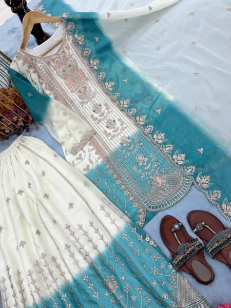 Designer Blue Dual Tone Peding Star Georgette Ethnic Ensemble with Embroidered Dupatta Ready To Wear Collection
