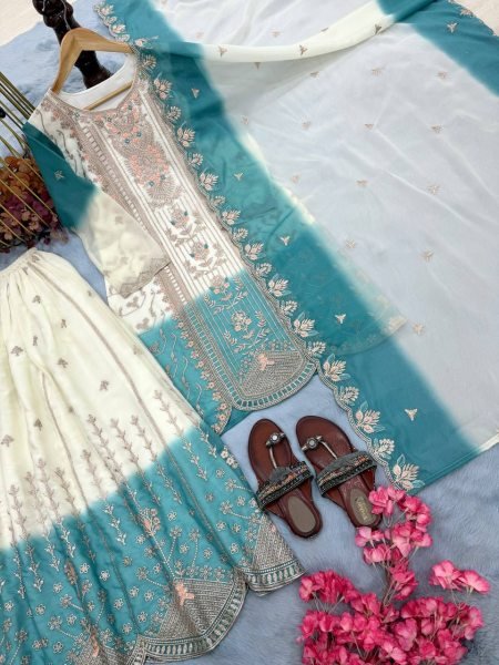 Designer Blue Dual Tone Peding Star Georgette Ethnic Ensemble with Embroidered Dupatta Ready To Wear Collection