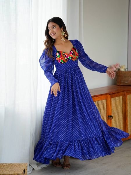 Designer Blue Georgette Gown with Digital Print  Chain Stitch and Padded Design For Navratri Kurtis