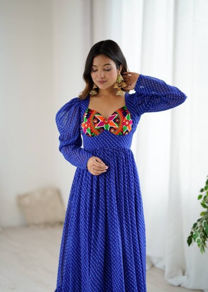 Designer Blue Georgette Gown with Digital Print  Chain Stitch and Padded Design For Navratri Anarkali Kurtis 