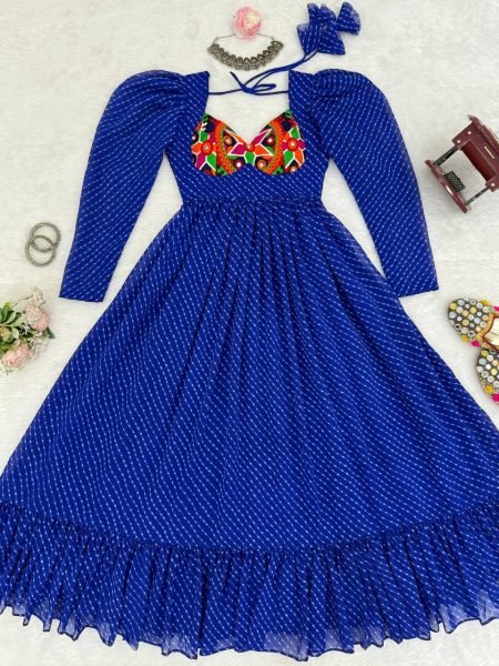 Designer Blue Georgette Gown with Digital Print  Chain Stitch and Padded Design For Navratri Anarkali Kurtis 