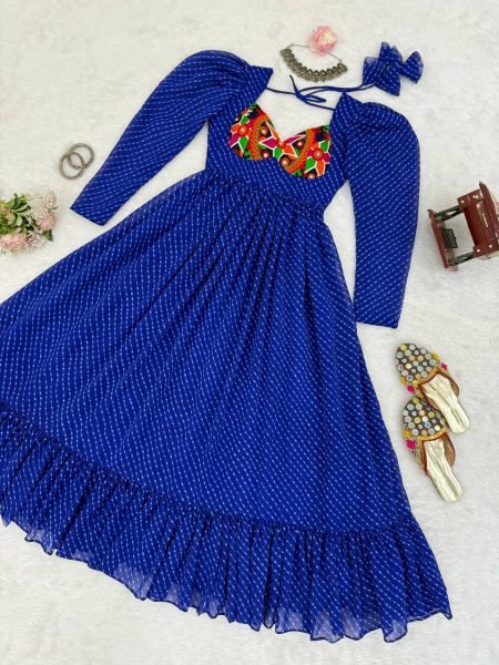Designer Blue Georgette Gown with Digital Print  Chain Stitch and Padded Design For Navratri Anarkali Kurtis 