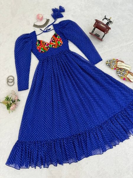 Designer Blue Georgette Gown with Digital Print  Chain Stitch and Padded Design For Navratri Anarkali Kurtis 